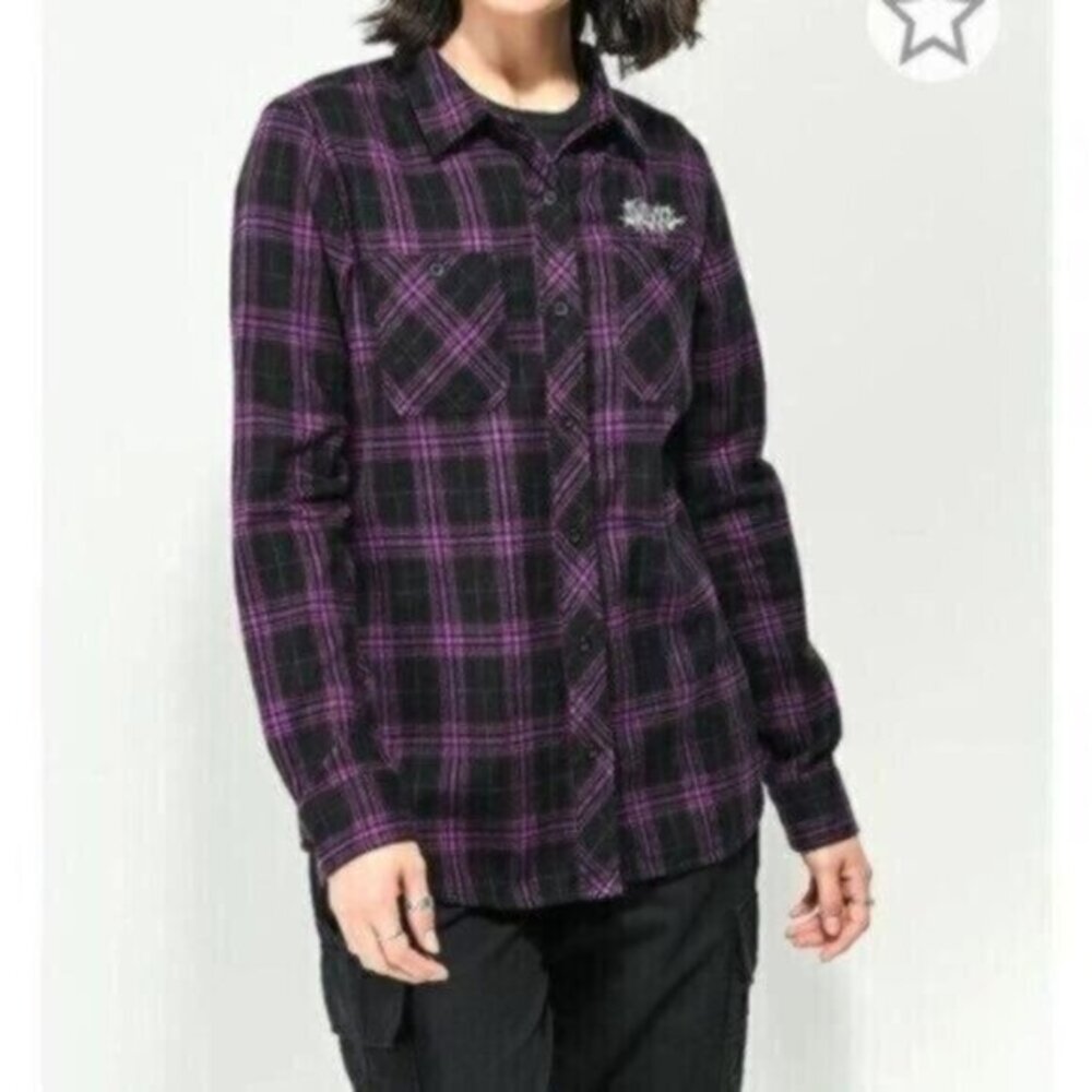 SWIXXZ Purple Plaid Flannel Shirt Know Your Enemy Goth Punk Emo